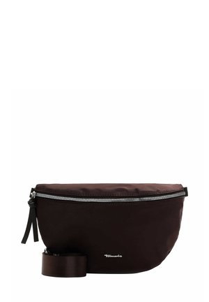 Borsa a tracolla in nylon marrone con una superficie liscia, dotata di una cerniera silver, dettaglio del logo e una tracolla rimovibile. Forma arrotondata e design minimalista.
