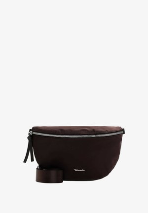 Borsa a tracolla in nylon marrone con una superficie liscia, dotata di una cerniera silver, dettaglio del logo e una tracolla rimovibile. Forma arrotondata e design minimalista.