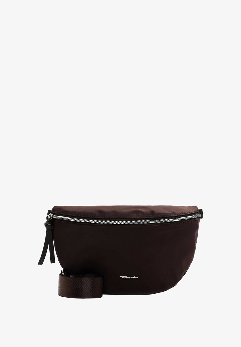 Brązowa torba na ramię z nylonu o gładkiej fakturze, z metalowym zamkiem błyskawicznym, szczegółami logo oraz odpinanym paskiem. Zaokrąglony kształt i minimalistyczny design.