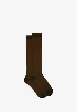 Brown striped knee socks with a green cuff. The material appears smooth, featuring narrow, alternating dark and light stripes.