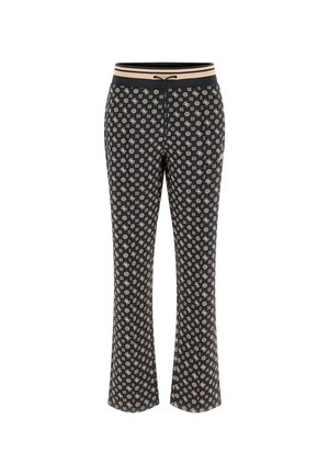 Black patterned pants with a drawstring waist, featuring a floral design in beige, flared shape, and a smooth, textured fabric.