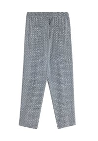 Modré kalhoty s vzorem a uvolněným střihem, opatřené elastickým pasem a dvěma zadními kapsami, předvádějící geometrické designy v bílé barvě.