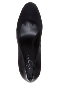Chaussure à talons hauts pour femme noire, bout arrondi et finition lisse et brillante, vue de dessus sur un fond blanc.