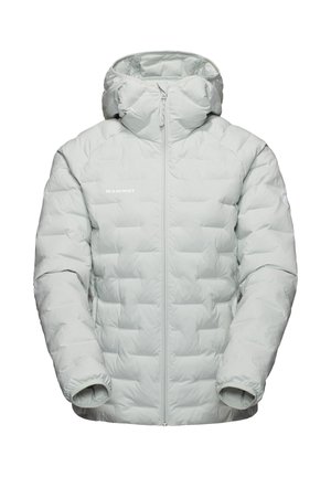 Giacca a vento grigio chiaro con cappuccio, caratterizzata da un design trapuntato, cerniera frontale e polsini elastici. Logo del marchio sul petto.