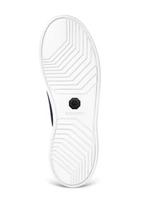 Weiße Gummisohle mit strukturiertem Zickzackmuster. Schwarzes sechseckiges Logo in der Mitte. Die Seite ist aus navy Textil, mit geschwungener Form entlang der Kante.