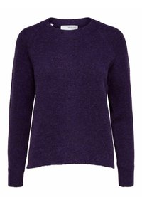 Jersey de punto morado con cuello redondo, mangas largas y un ajuste ligeramente holgado. Textura suave y detalles mínimos.