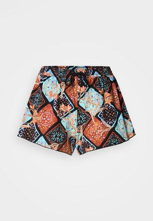 Pánské koupací šortky s výrazným vzorem červených, modrých a černých geometrických tvarů s květinovými motivy. Součástí je černý šňůrkový pas.