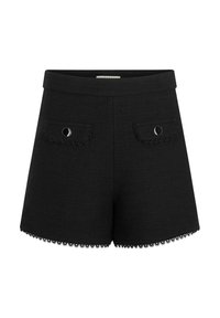 Shorts noirs en tissu texturé avec une taille cintrée, deux poches avant, et un ourlet à bord festonné. Accents en quincaillerie argentée inclus.