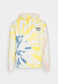 Felpa tie-dye con motivi gialli, blu e rosa. Realizzata in tessuto morbido, presenta una tasca frontale e un cappuccio con cordino. Logo visibile sul petto.