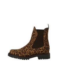Bottines Chelsea à imprimé léopard avec un dessus en daim marron, des panneaux latéraux élastiques et une semelle en caoutchouc noir avec un profil texturé.