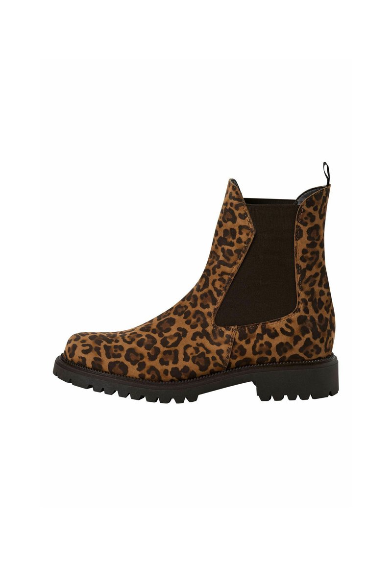 Bottines Chelsea à imprimé léopard avec un dessus en daim marron, des panneaux latéraux élastiques et une semelle en caoutchouc noir avec un profil texturé.