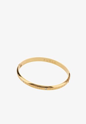 Gouden metalen bangle met gegraveerd "FURLA 1927" en kleine kristalaccenten. Gladde, glanzende afwerking en een scharniermechanisme.