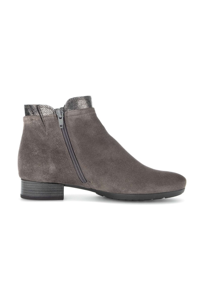 Gray suede ankle boot with a rounded toe, side zipper, and metallic accent at the collar. Features a low, stacked heel and smooth sole.