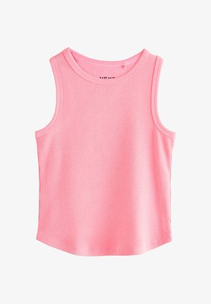 Lichtroze geribd tanktop met een ronde hals en mouwloze design. Heeft een licht gebogen zoom en een zachte textuur. Geen zichtbare merknaam.