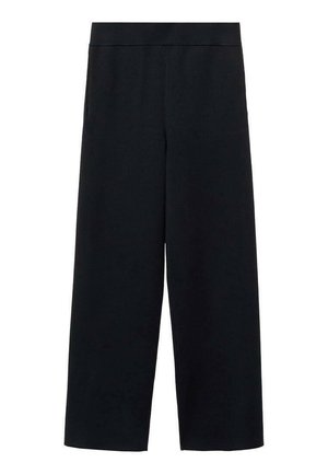 Schwarze weite Hose aus weichem Stoff. Mit dicker, elastischer Taille und einer eleganten, schlichten Silhouette ohne sichtbare Taschen.