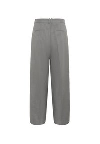 Szare spodnie w szerokie paski z tyłu, z szlufkami na pasek i dwoma kieszeniami wpuszczanymi.