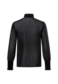 Black shirt with a high collar, long puff sleeves, vertical stripe pattern, and ribbed textured cuffs. Made from sheer fabric.