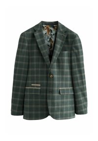 Blazer a quadri in verde scuro e blu navy con bottone dorato, due taschini frontali e interno decorato con tigri e nuvole.