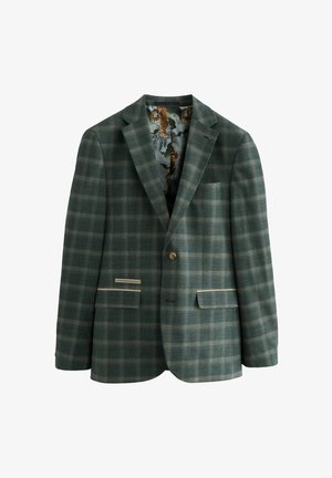 Blazer à carreaux en vert foncé et bleu marine avec un bouton doré, deux poches avant et un intérieur à motif avec des tigres et des nuages.