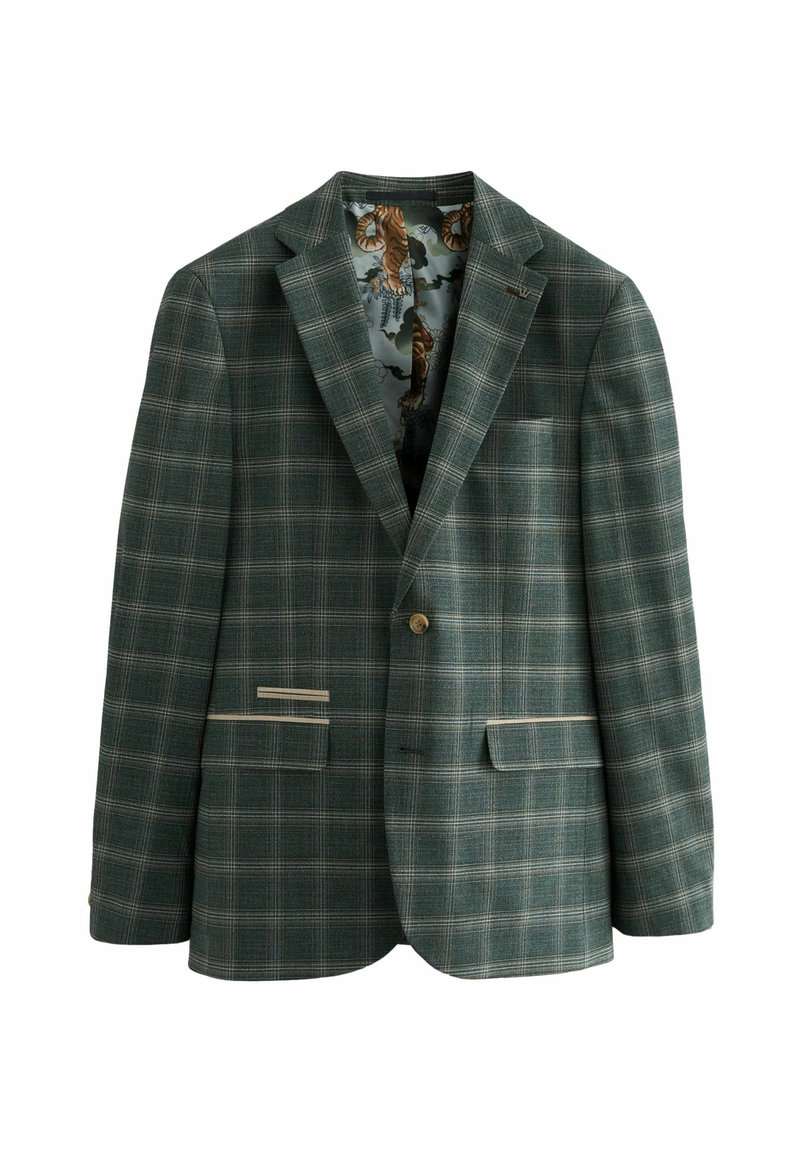 Blazer a quadri in verde scuro e blu navy con bottone dorato, due taschini frontali e interno decorato con tigri e nuvole.