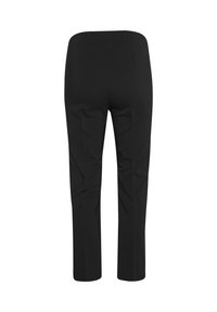 Zwarte, slim-fit broek met een gladde textuur, met een middelhoge tailleband en zonder zichtbare zakken of hardware. Alleen achteraanzicht.