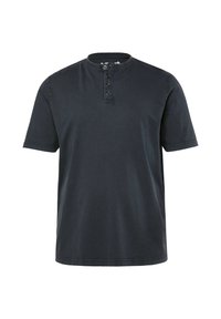 Tmavě námořnická triko s krátkým rukávem a kulatým výstřihem, s pěti knoflíkovou légou a hladkou texturou látky. Jednoduchý a jednobarevný design.