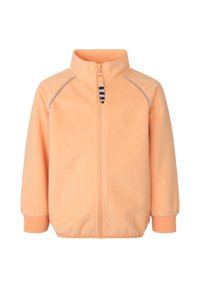 Orange fleece jacket with a zippered front and gray accents. Features ribbed cuffs and collar, designed for warmth and comfort.
