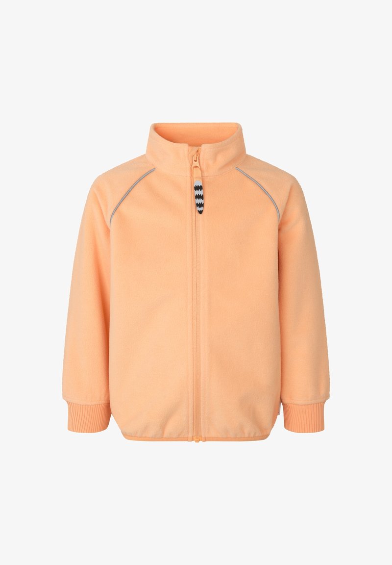 Oranžová fleece bunda se zipem a šedými detaily. Obsahuje žebrované manžety a límec, navržená pro teplo a pohodlí.