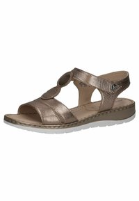 Sandali in bronzo metallizzato con punta aperta, fasce larghe, accenti circolari e soletta imbottita. Suola bianca con dettagli testurizzati.