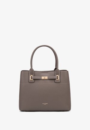 Graue strukturierte Handtasche mit zwei Griffen, goldfarbenen Akzenten, texturiertem Äußeren und einem Verschluss mit Schnappmechanismus. Das Markenlogo ist auf der Vorderseite sichtbar.