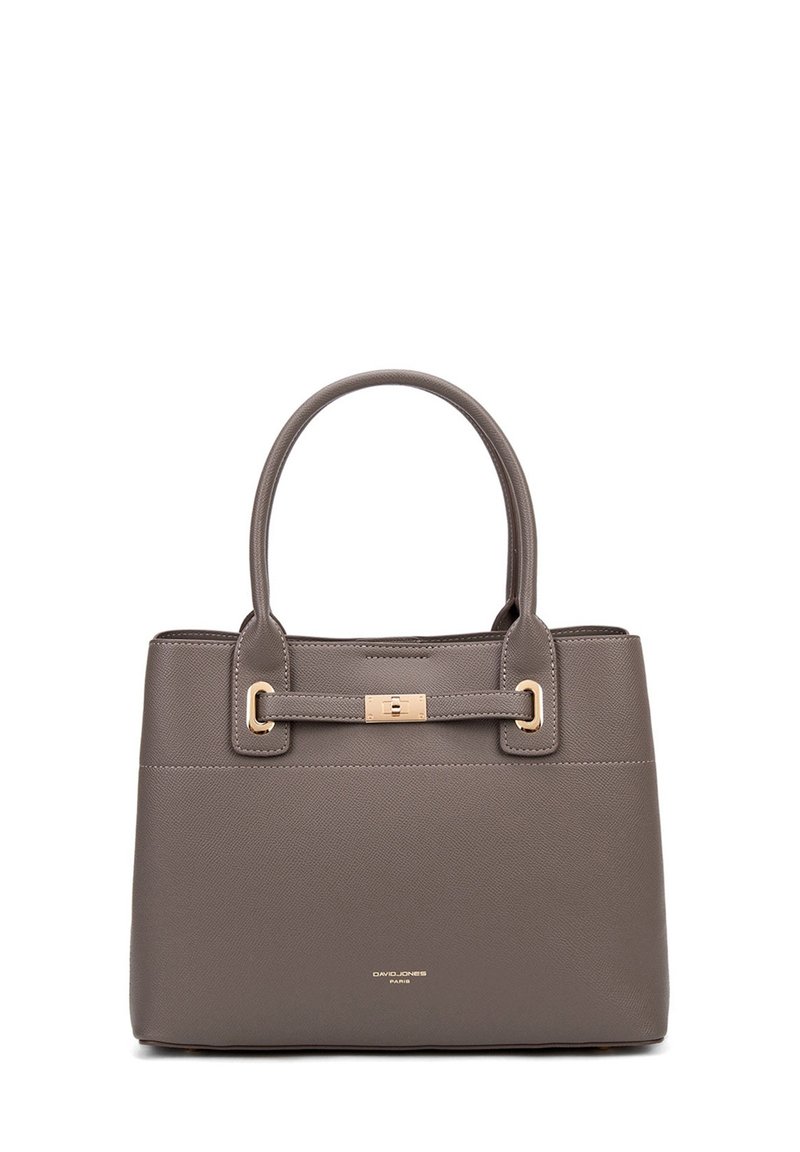 Borsa a mano strutturata grigia con due manici superiori, rifiniture in tonalità oro, esterno testurizzato e chiusura a scatto. Logo del brand visibile sul davanti.