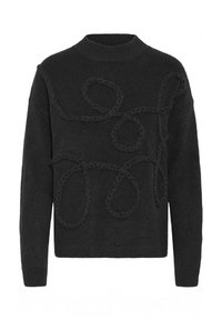 Maglione nero a maglia con scollatura a girocollo e motivi a treccia rialzati sulla parte anteriore, maniche lunghe con bordo a coste.