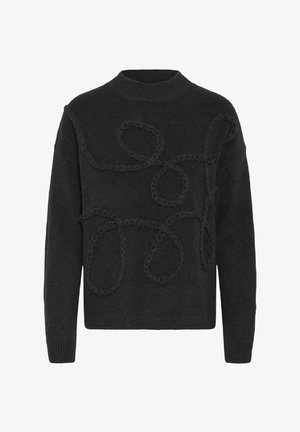 Maglione nero a maglia con scollatura a girocollo e motivi a treccia rialzati sulla parte anteriore, maniche lunghe con bordo a coste.