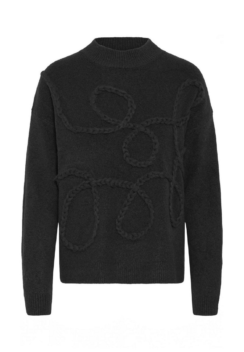 Maglione nero a maglia con scollatura a girocollo e motivi a treccia rialzati sulla parte anteriore, maniche lunghe con bordo a coste.