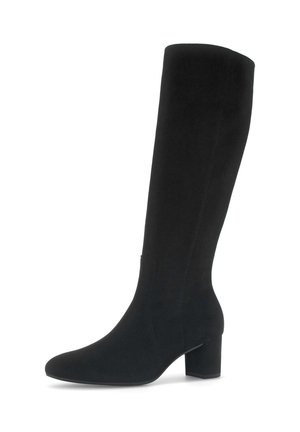 Zwart suede laarzen tot aan de knie met een spitse neus en blokhak. Gladde textuur en minimalistisch ontwerp, met een aansluitende silhoette.