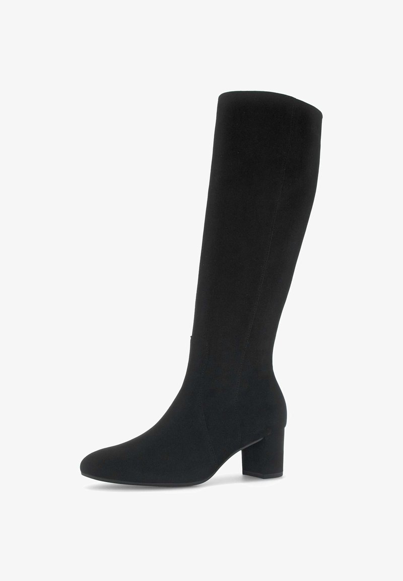 Zwart suede laarzen tot aan de knie met een spitse neus en blokhak. Gladde textuur en minimalistisch ontwerp, met een aansluitende silhoette.