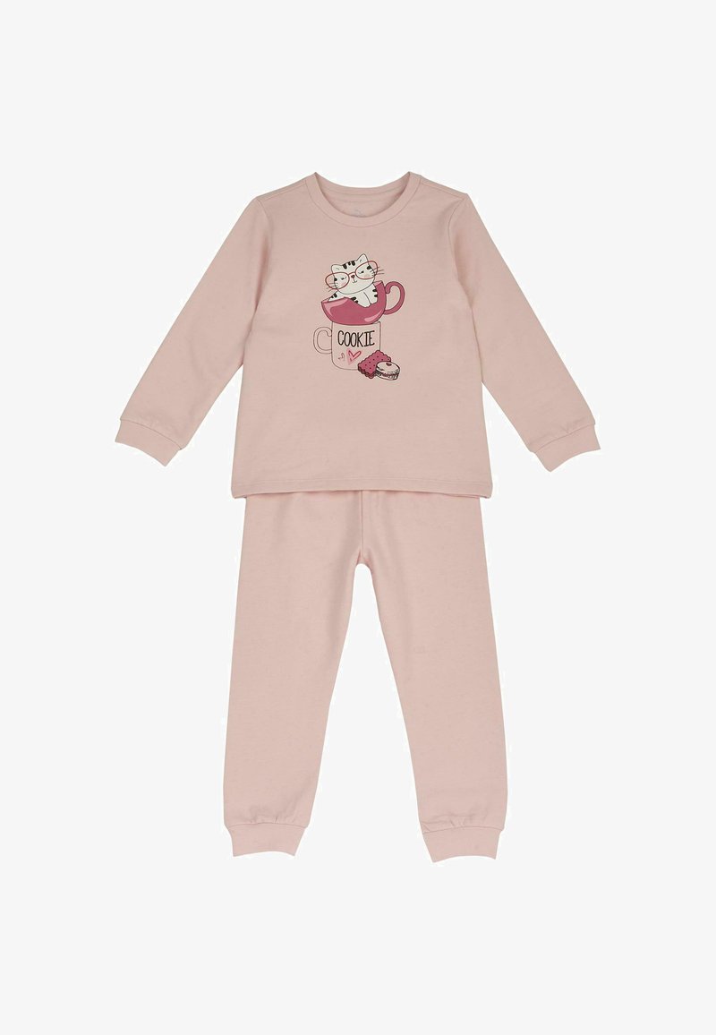 Ensemble pour enfants rose clair avec haut à manches longues et pantalon, avec un chat portant des lunettes assis dans une tasse étiquetée "COOKIE" et deux biscuits à côté.