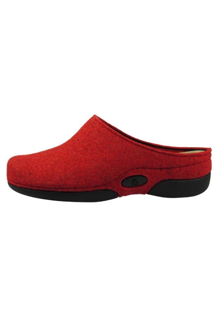 Red felt clogs with a rounded toe design, black rubber sole, and side button detail for easy wear. Smooth texture with a clean finish.