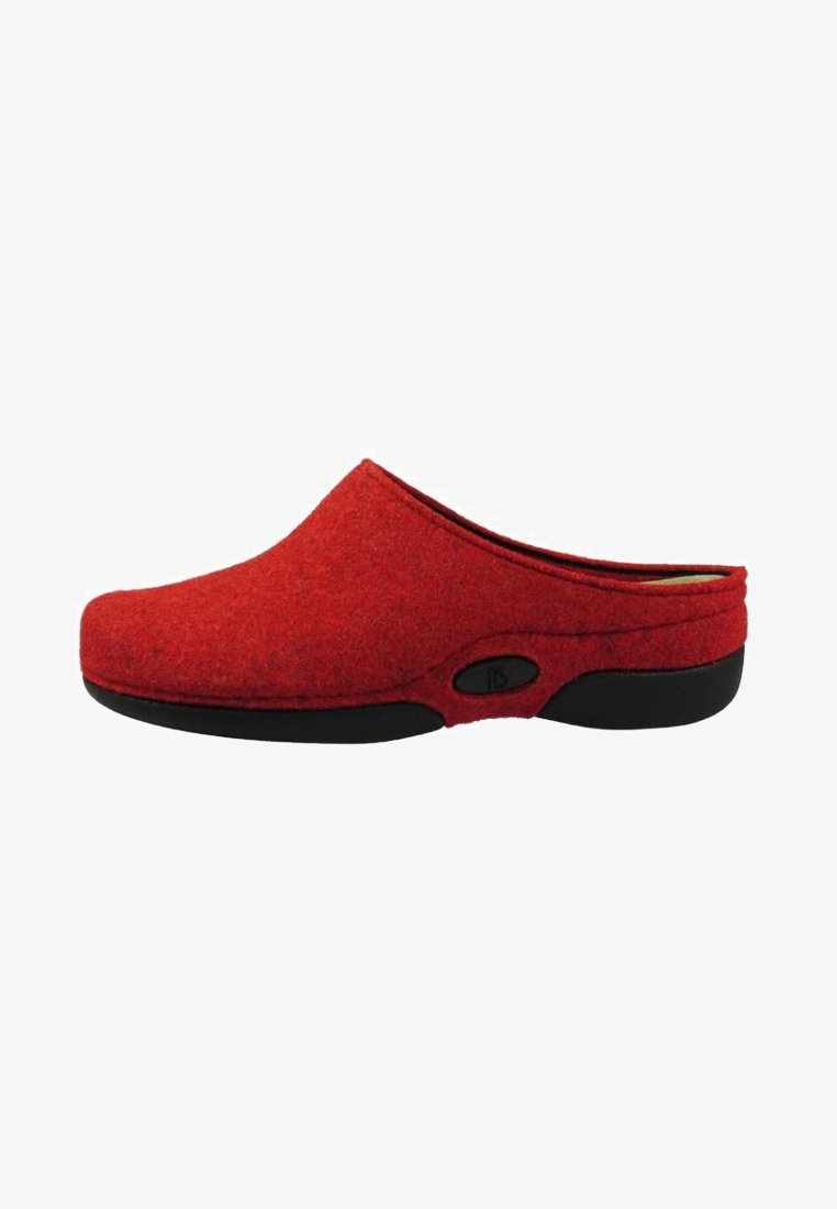 Red felt clogs with a rounded toe design, black rubber sole, and side button detail for easy wear. Smooth texture with a clean finish.