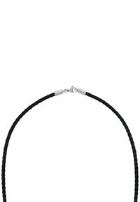 Collana in pelle intrecciata nera con chiusure in tonalità argento, caratterizzata da una superficie liscia e accentuazioni cilindriche alle estremità.