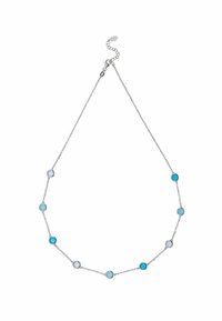 Sølv kæde med blå og lyseblå cirkulære sten. Den har jævnt fordelte ædelsten og en lobster clasp med en forlængerkæde.