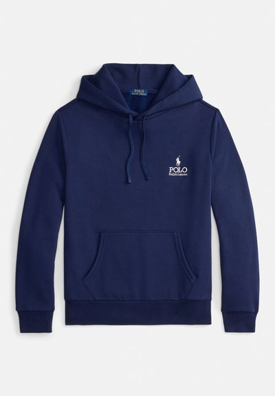 Σκούρα μπλε φούτερ με κουκούλα από βαμβακερό μείγμα, με μπροστινή τσέπη, ρυθμιζόμενο κορδόνι στην κουκούλα και λευκό κεντημένο λογότυπο στο στήθος.