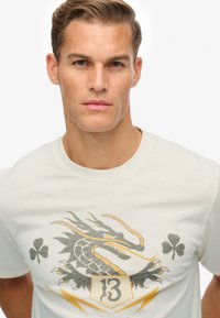 Lys cremefarvet t-shirt lavet af bomuld, med en dragegrafik, nummer 13 og en firkløver i grå og guldtoner. Blød tekstur.