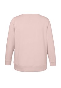 Hellrosa Sweatshirt mit rundem Halsausschnitt, langen Ärmeln, gerippten Bündchen und Saum. Glatte Textur, einfarbig ohne Muster. Rückansicht.