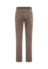Pantaloni di cotone marrone con una vestibilità rilassata, vita elasticizzata e due tasche posteriori. Tessuto liscio, design a gamba dritta e nessun hardware visibile.