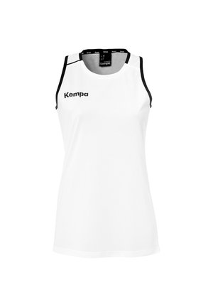 Weißes sportliches Tanktop aus synthetischem Material, mit schwarzen Akzenten, Rundhalsausschnitt und dem schwarzen "Kempa"-Logo auf der Vorderseite.