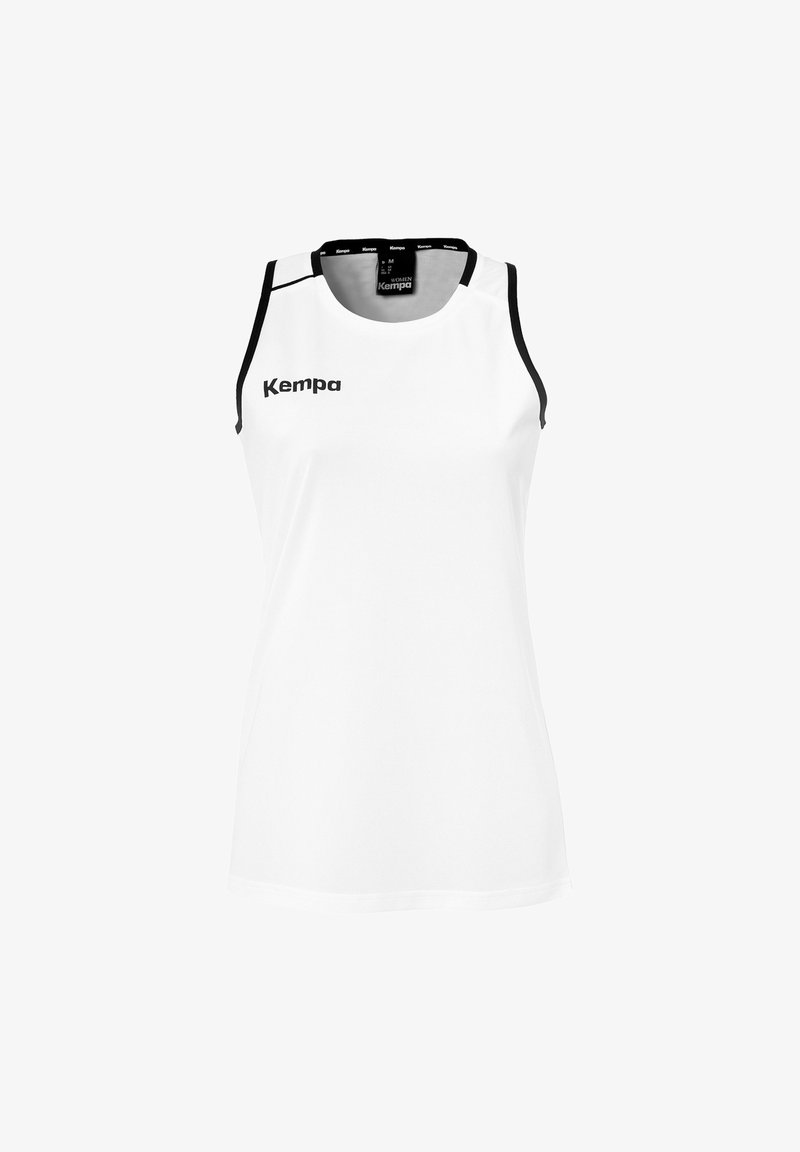 White athletic tank top made of synthetic fabric, featuring black accents, a round neck, and the "Kempa" logo in black on the front.