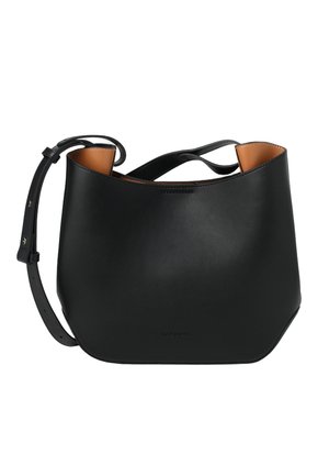 Black leather bucket bag with tan interior and adjustable shoulder strap, simple minimalist design without visible embellishments.