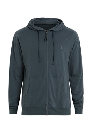 Sudadera con cremallera de color verde azulado oscuro, hecha de tela suave, con cremallera delantera, capucha con cordón y dos bolsillos laterales con un pequeño detalle de logo.