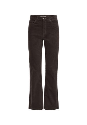 Brown corduroy flared jeans with a high waist, featuring front pockets, contrasting stitching, and a zipper fly. Smooth texture overall.